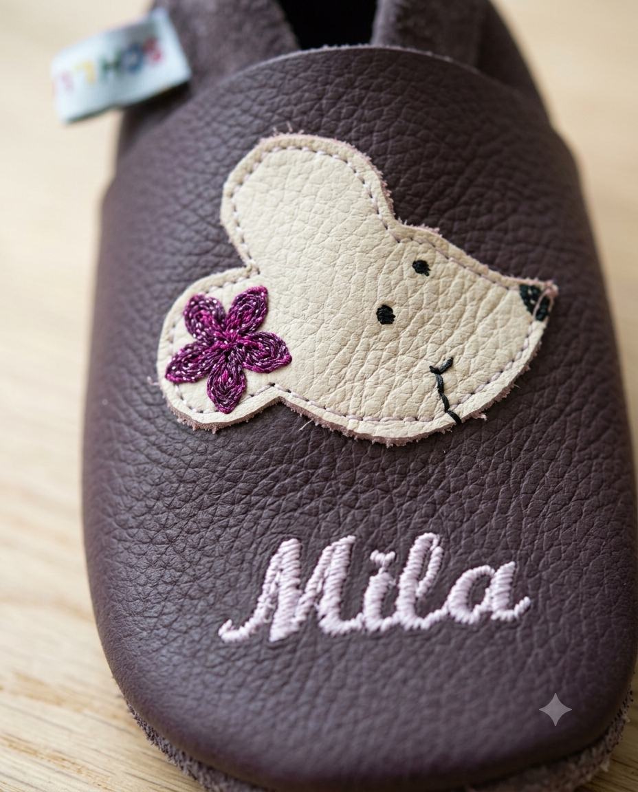 Krabbelschuhe mit Namen Glitzermaus – personalisiert, Echtleder