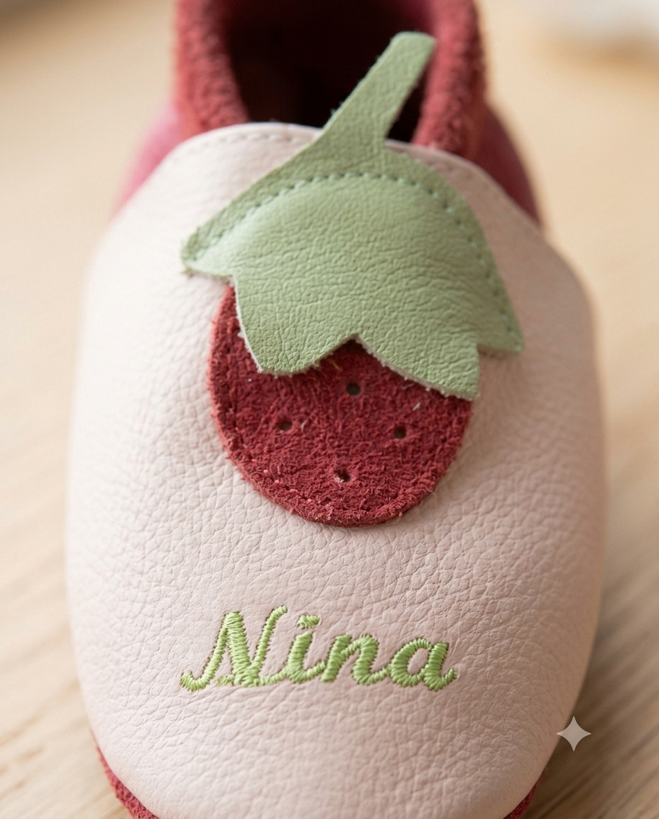 Krabbelschuhe mit Namen Erdbeere – personalisiert, Echtleder