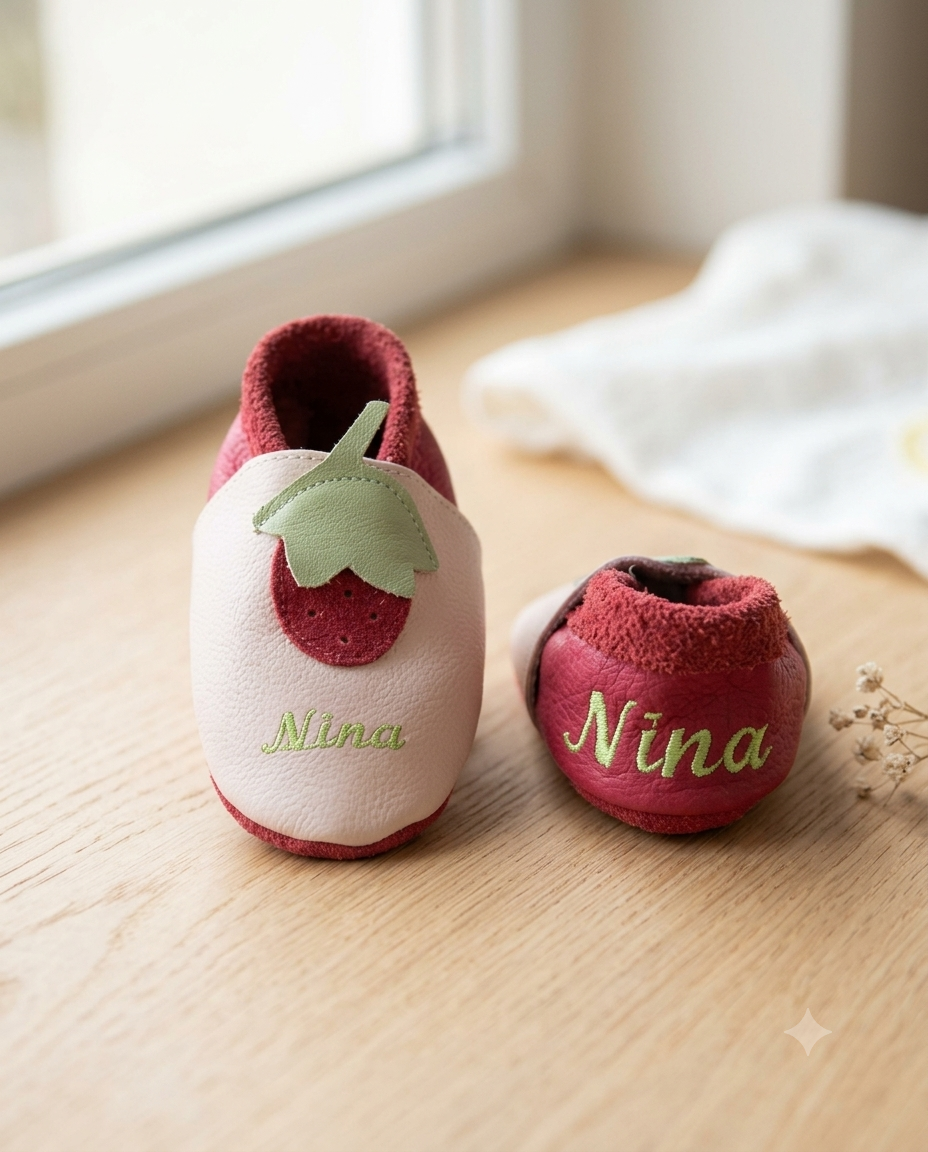 Krabbelschuhe mit Namen Erdbeere – personalisiert, Echtleder