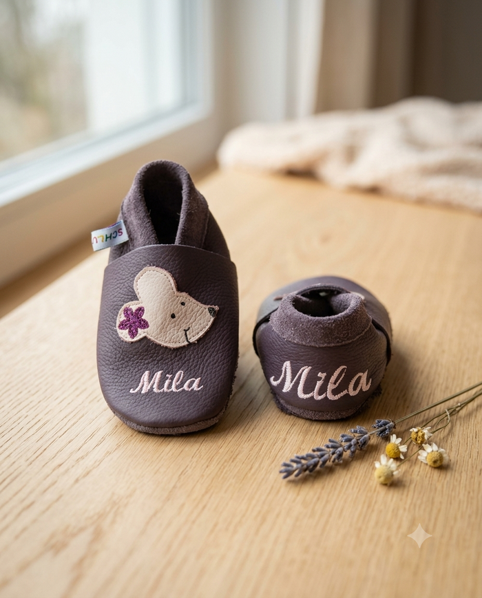 Krabbelschuhe mit Namen Glitzermaus – personalisiert, Echtleder