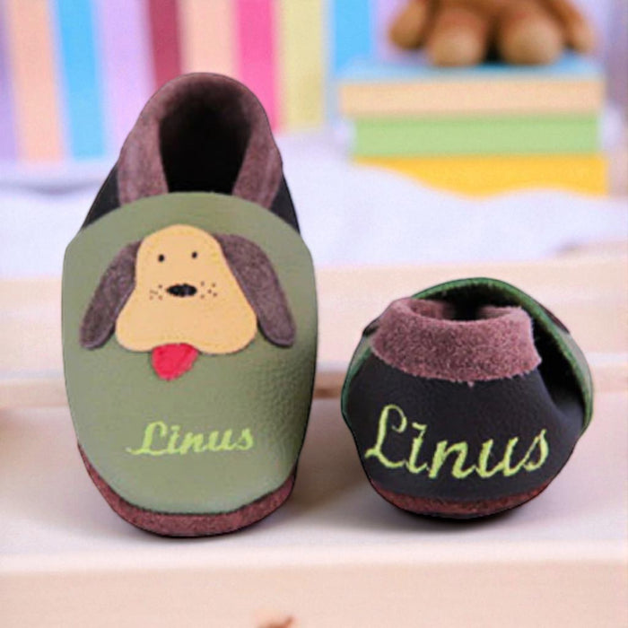 Krabbelschuhe mit Namen Schlappie – personalisiert, Echtleder