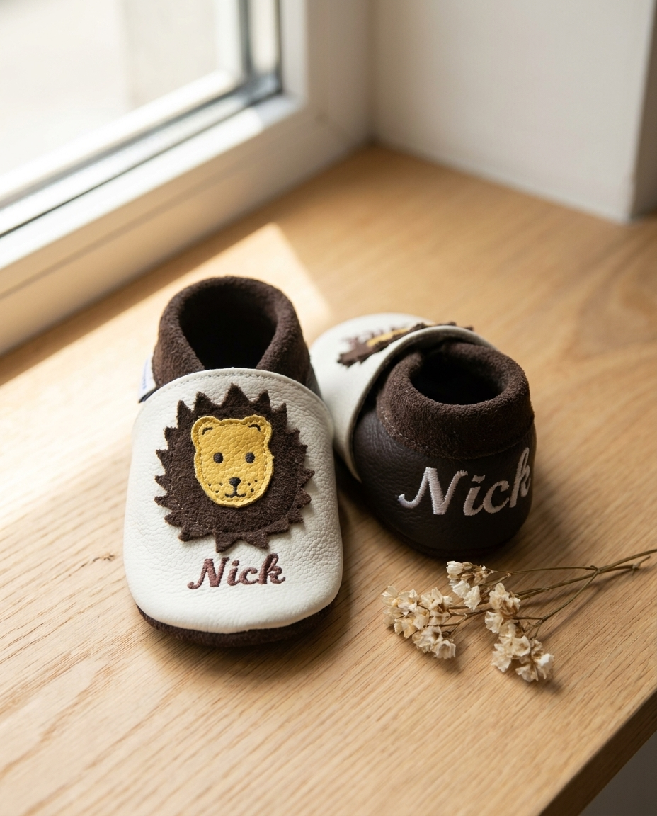 Krabbelschuhe mit Namen Löwe – personalisiert, Echtleder